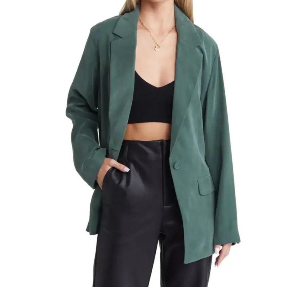 Open Edit Womens Relaxed Single Button Blazer Dark Green Size M Notch Lapel